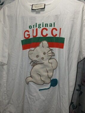 Gucci White Tee with Green & Red Stripe and Cream Kitty